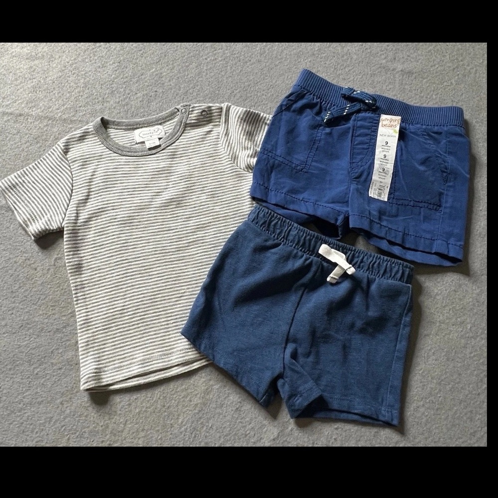 Mudpie Jumping Beans Shirt Shorts Lot Boys 9-12 Months Classic Comfort Gray Blue